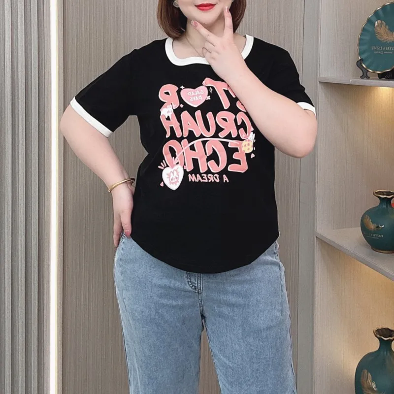 Plus Size Tops Frauen Sommer neue Kurzarm T-Shirt dünne lässige Baumwolle quadratischen Kragen Druck T-Shirts