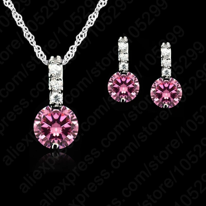 Women Beauty Round Jewelry Set 925 Sterling Silver Color Cubic Zircon Pendant Necklace/Earring Women Wedding Gift Hoop Earrings