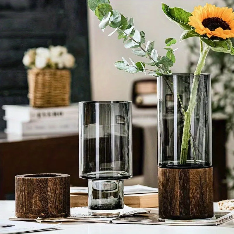 Nordic style elegant glass vase with wooden base, suitable for living room, tabletop, and floral decoration