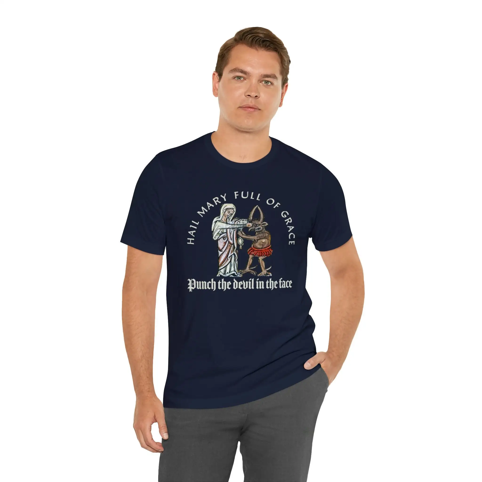 Hail Mary full of Grace punch the devil in face  T Shirt Catholic Confirmation Priest Ordination funny Joke