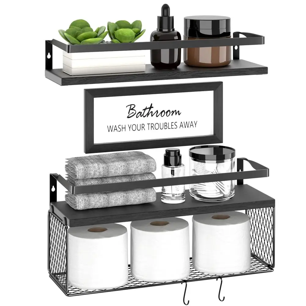 

Плавающие полки, полки для ванной над унитазом с декоративной табличкой, деревянные настенные полки с защитным металлическим ограждением, держатель для бумаги