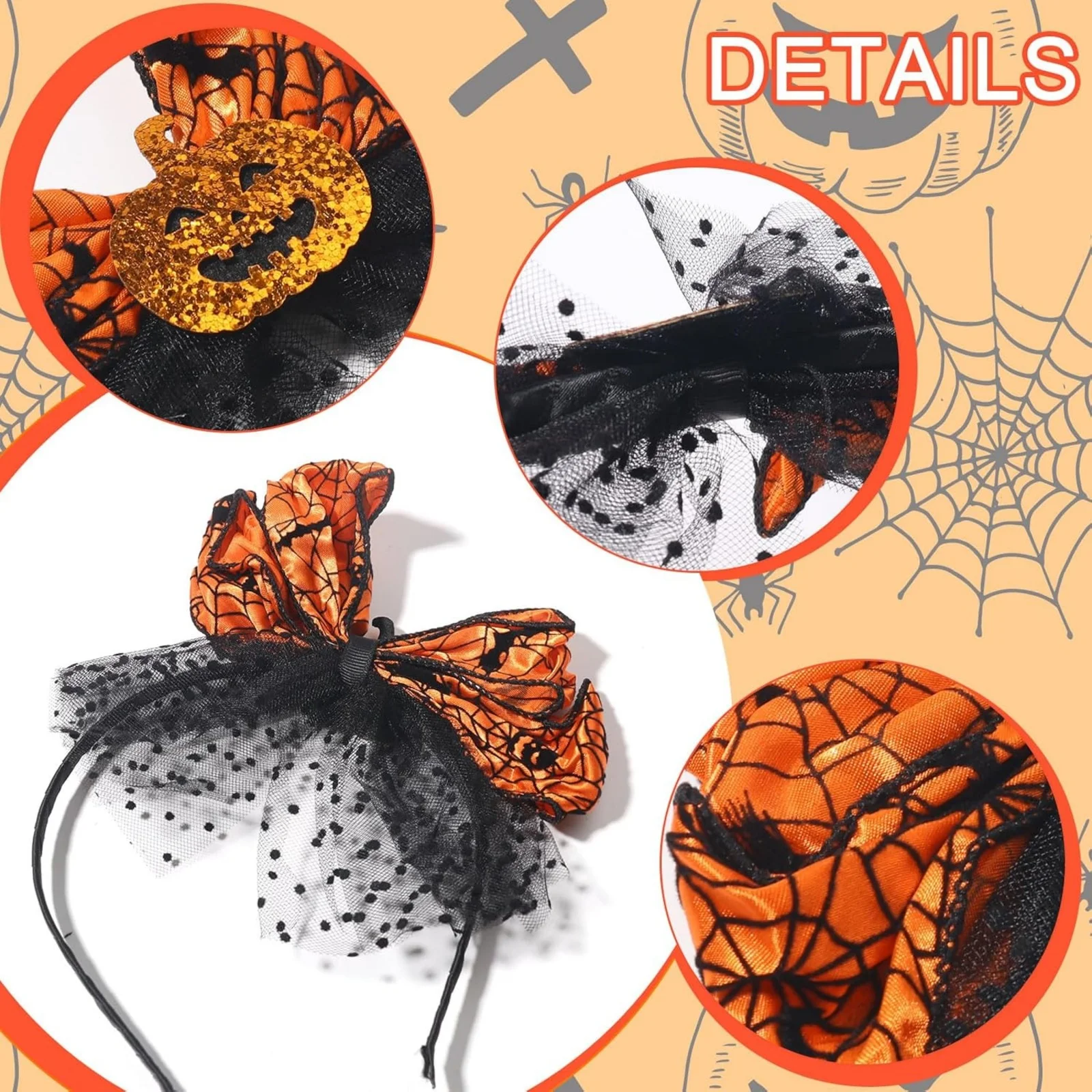 1PC Stirnband mit Halloween-Motiv, orangefarbene Kürbisschleife mit Spinnennetz und schwarzem Netz, festliche Haardekoration – Detail 3