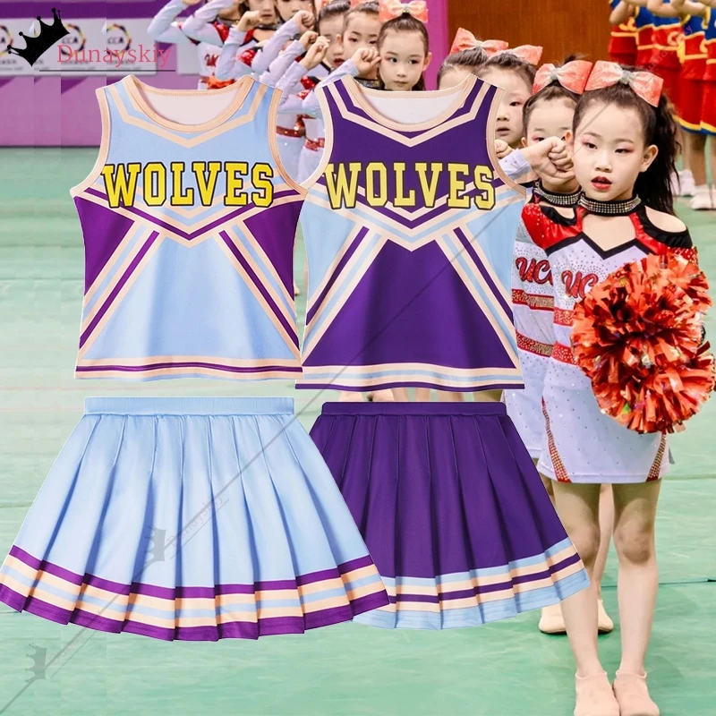 Child Girls Cheerleader Round Neckline Letters Printed Skirt 2Pcs Flower Balls Set School Season Sports Event Clothes