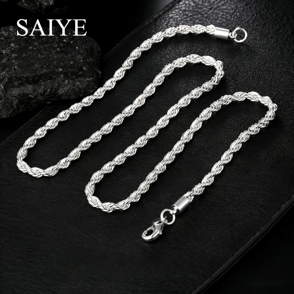 925 Sterling Silber 4MM Gedrehte Seilkette Halskette Basic Hip-Hop-Kette für Männer Frauen Streetwear Schmuck Geschenk