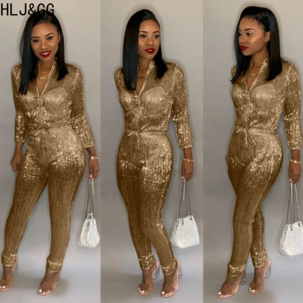 

HLJ&GG Fashion Sequin Drawstring Party Club Jumpsuits Women Zipper Long Sleeve Slim Playsuit Spring New Female Sparkling Overall