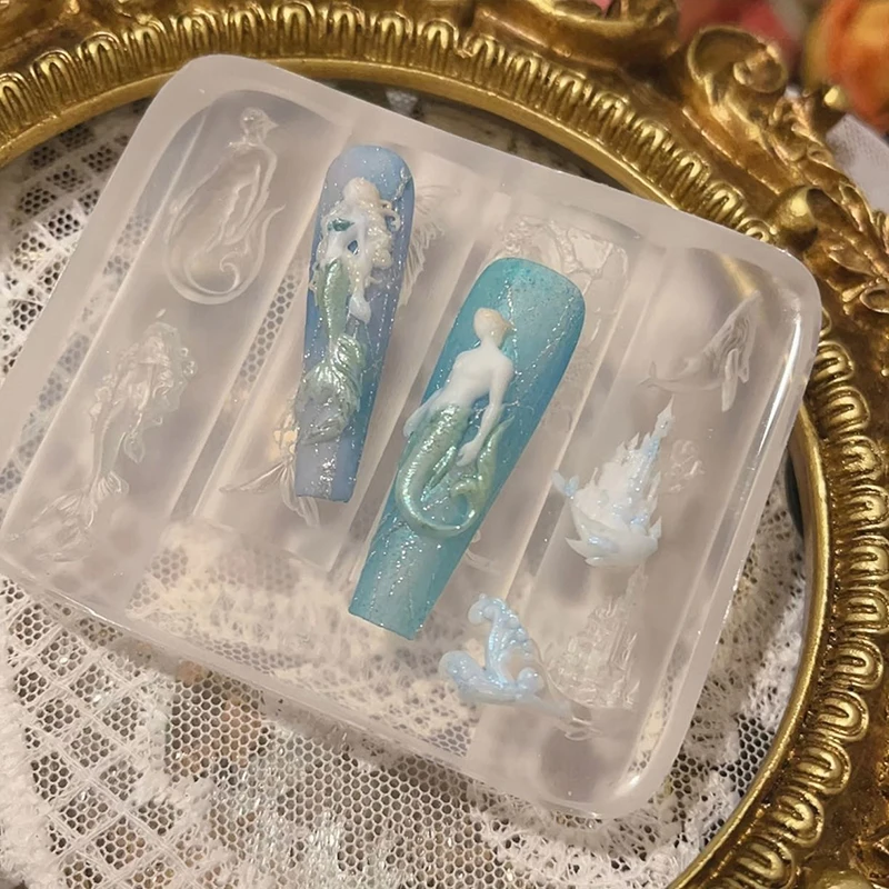 Moule de sculpture d'ongles sirène en Relief 3D en Silicone, décorations DIY, plaque d'estampage stéréoscopique, outils de manucure, accessoire