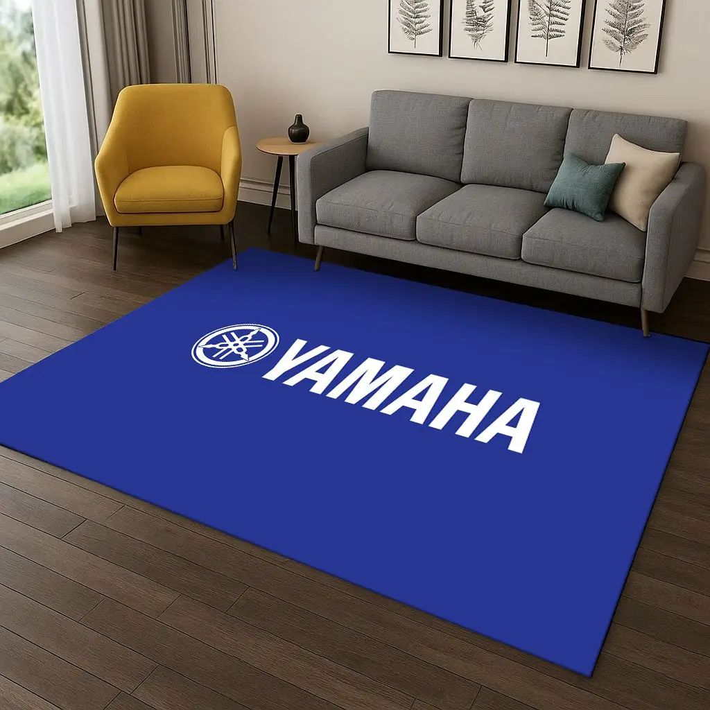 Yamaha Moto Sign Carpet Rug shown in a bedroom