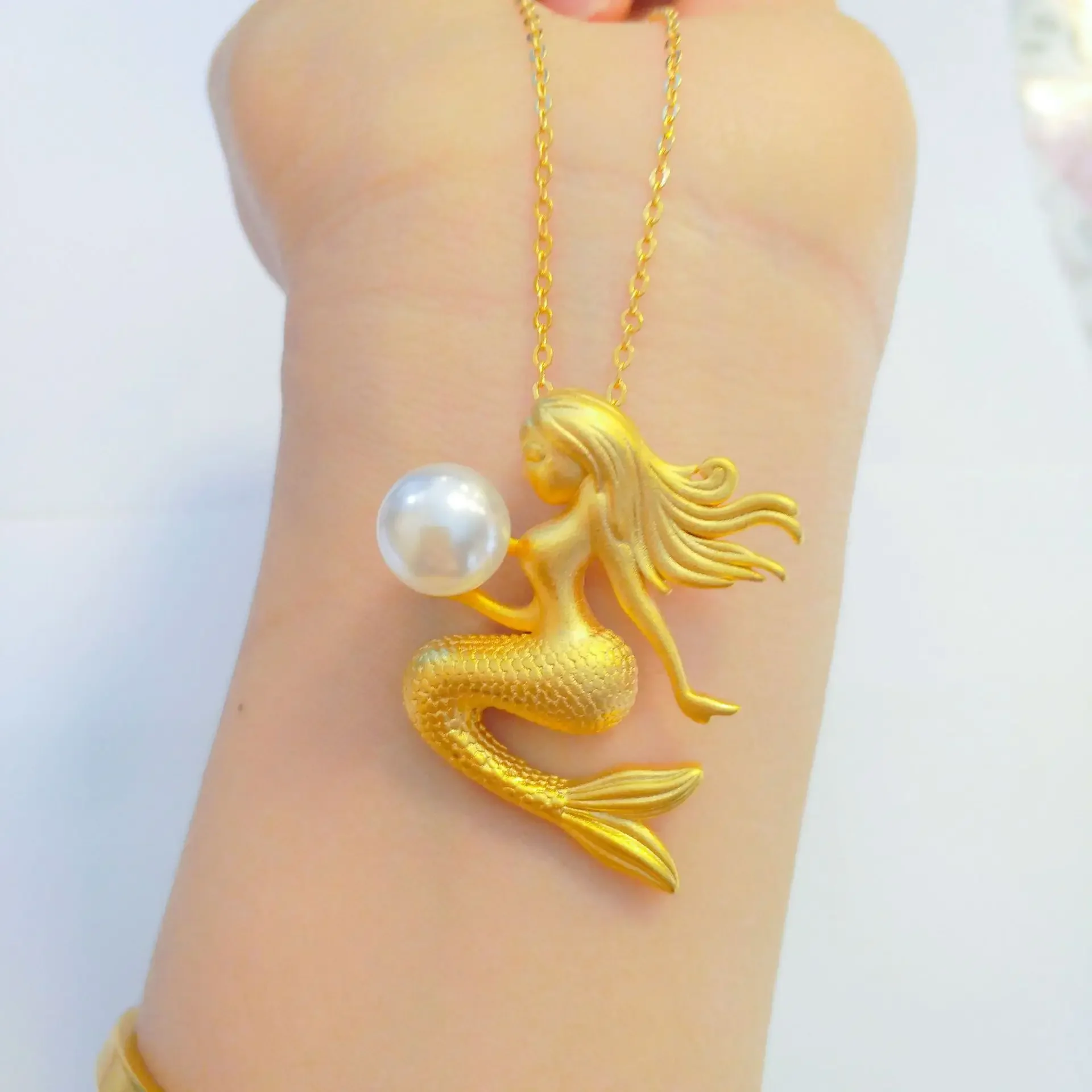 

24K yellow gold 9999 real gold Women's Pearl Mermaid Pendant Necklace