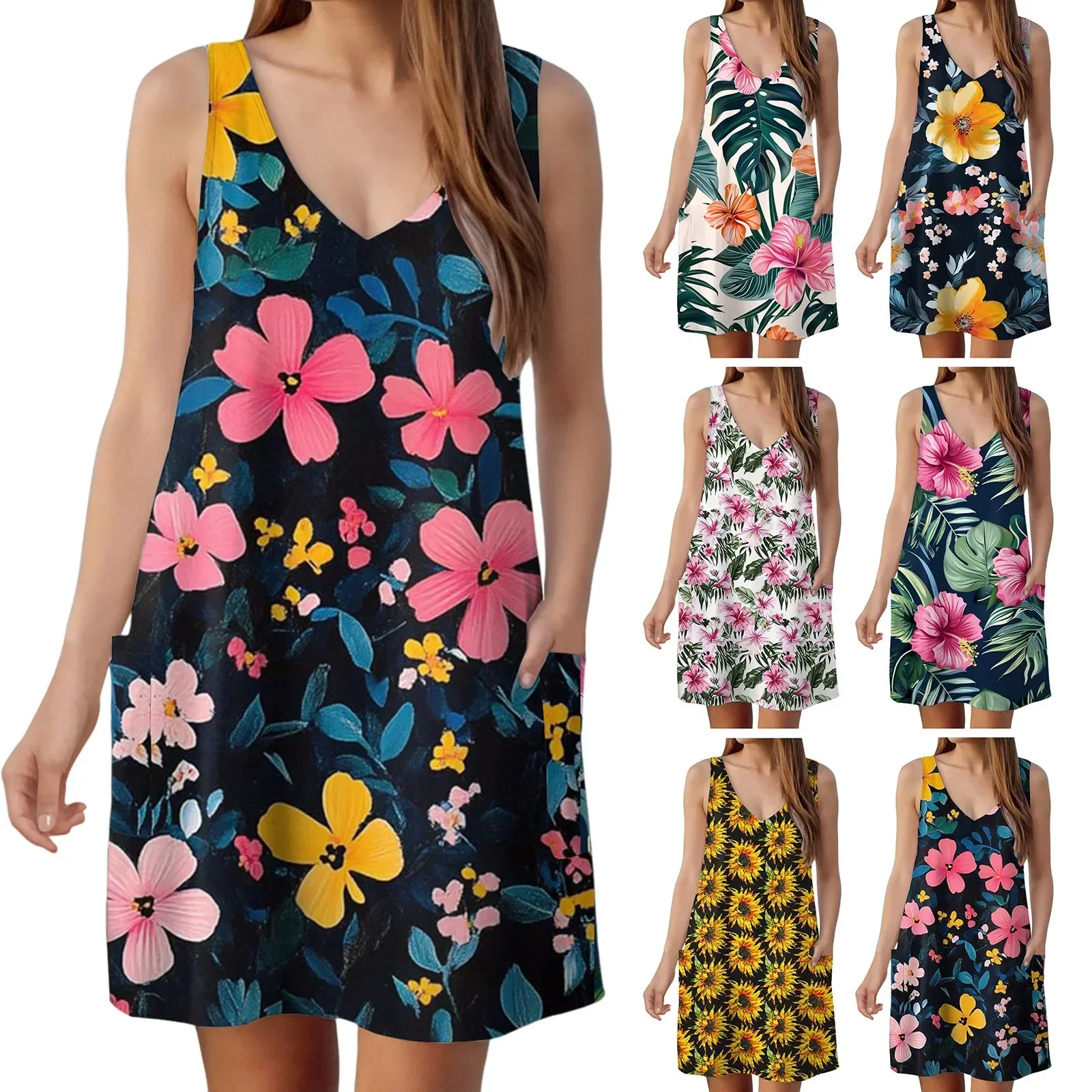 Vestido de vacaciones con estampado Floral para mujer, ropa diaria para cubrir la playa, vestido de fiesta informal sin mangas a la moda, ropa holgada y cómoda para mujer