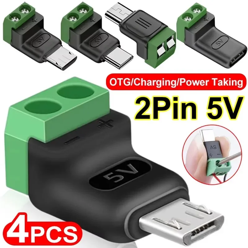 1-4Pcs Solderless Plug USB C to 2Pin Terminal Adapter Screw 5V Crimp Terminal Block Green Type-C to 2 Pin Charging Connector