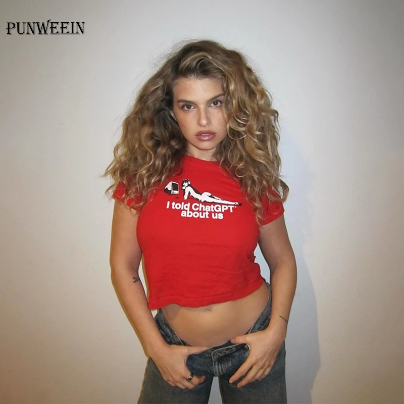 Y2K Baby Tees Slim Red Sexy Portrait Print T-shirt Women Crop Tops Cute Kawaii Short Sleeve Tops Summer Fairy Grunge Clothes
