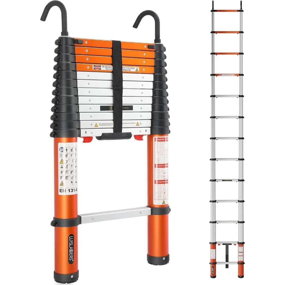 Aluminum Telescoping Ladder Telescopic Extension Ladder 330 Pound Capacity One-Button Retraction (12.5 FT)