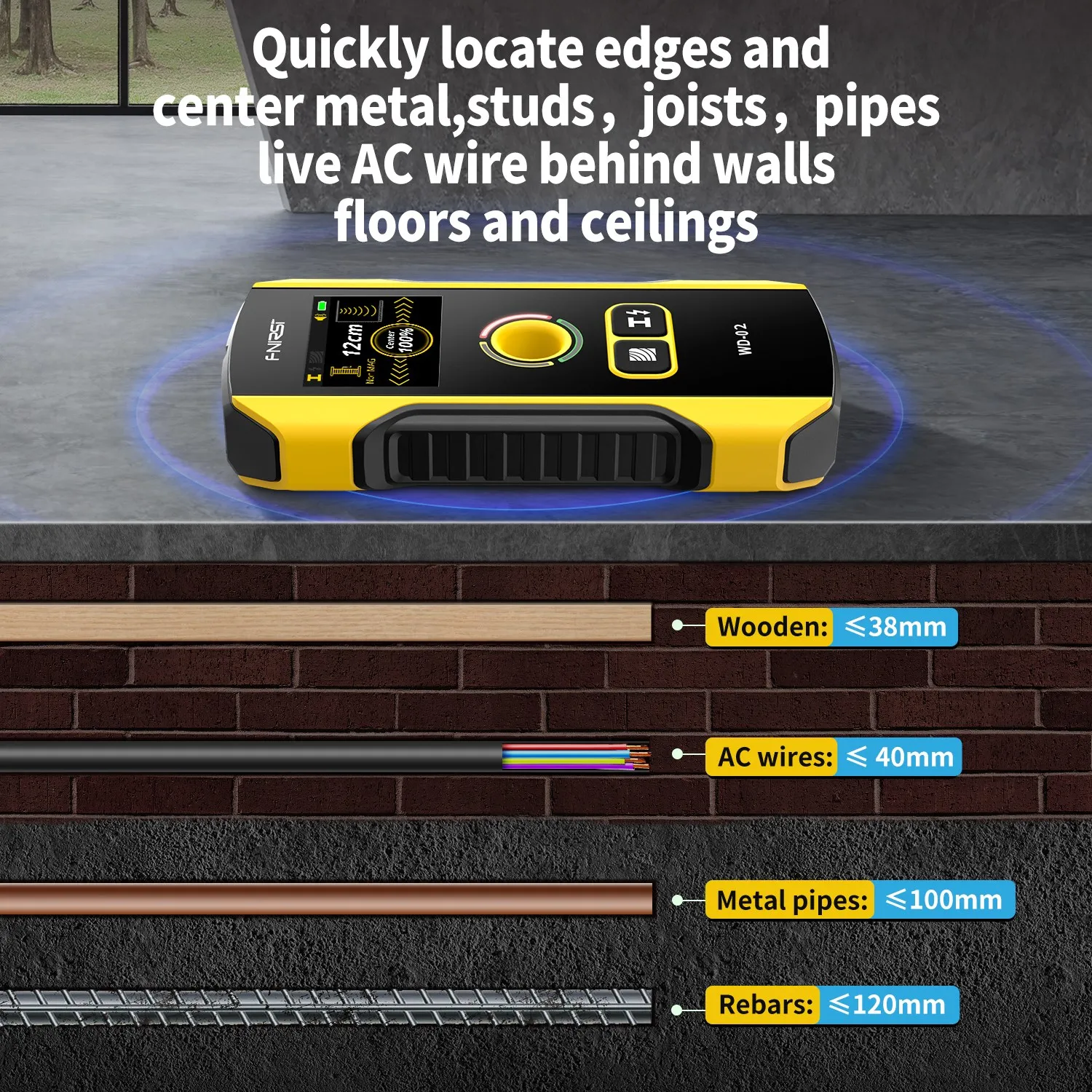 FNIRSI WD-02 Metal Detector AC Cable Metal Pipes Rebar Multifunctional Wall Detector With Positioning Hole TFT HD Color Screen