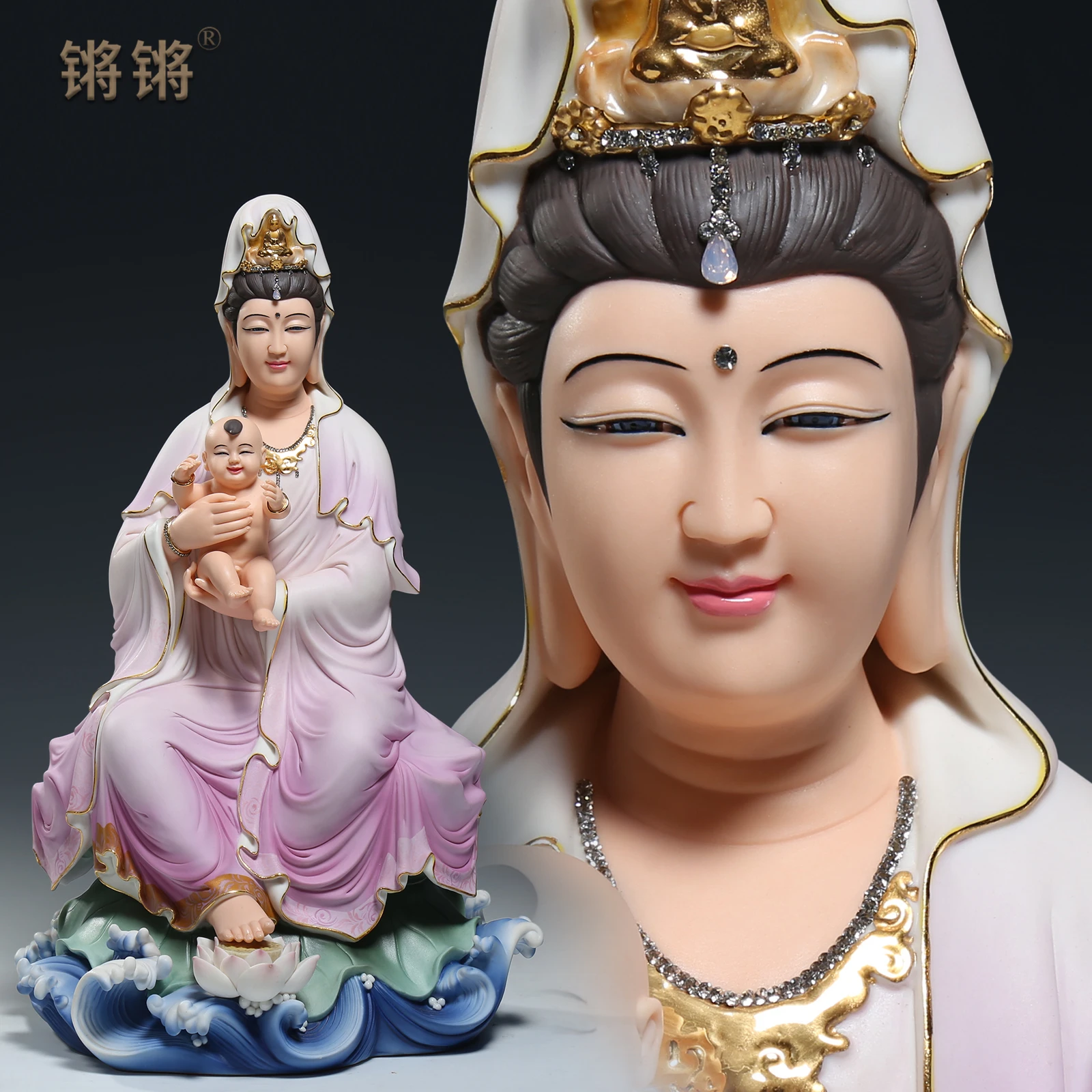 Ceramic 16inch/19inch Water Lotus Children-Sending Guanyin Bodhisattva Statue Offering, Buddha Figure High-grade Household Decor