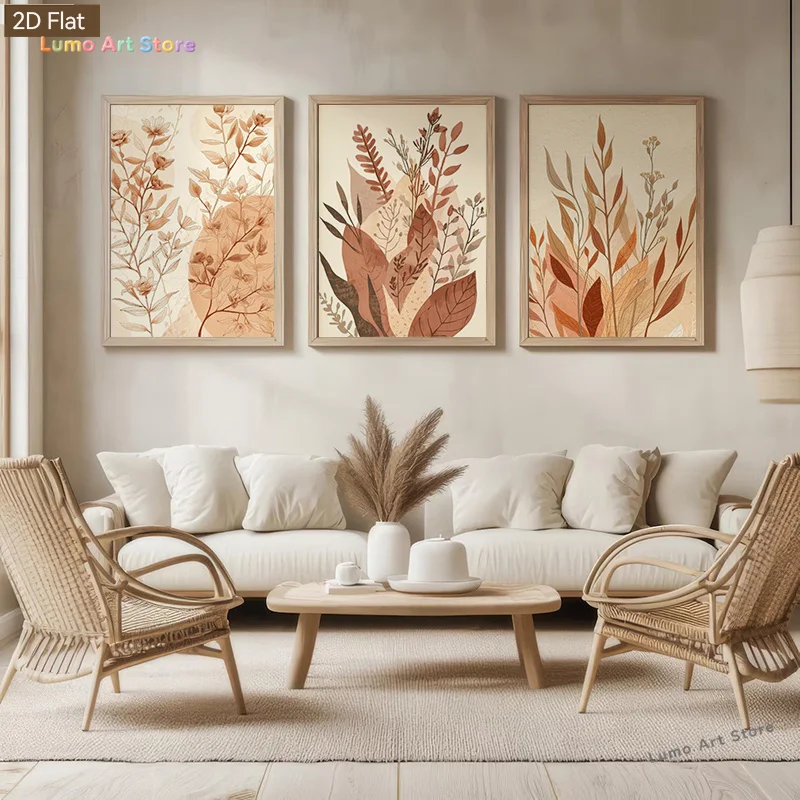 2D Flat, 3pcs Bohemian Vintage Morandi Color Palette Wall Art Suitable for Living Room, Vertical Botanical Canvas Prints, Fra
