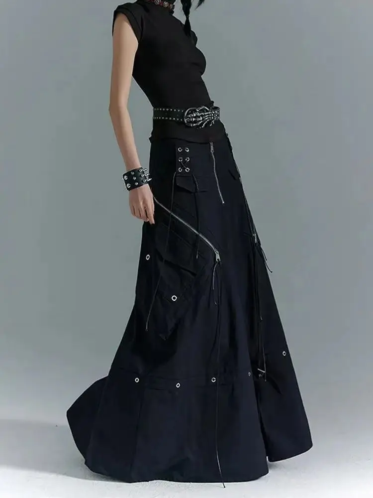 Amerikanische Streetwear Punk Dunkelschwarz Röcke 2025, Mode Faul Neue Rock für Frauen Y2k Hohe Taille Vintage Lose Faldas Mujer