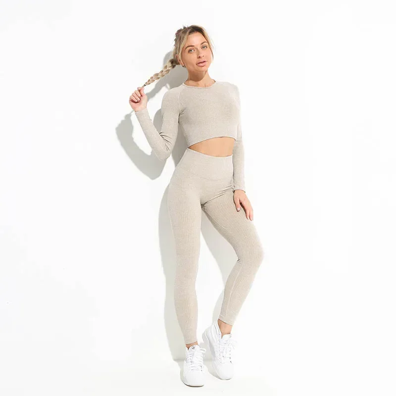 2PCS Seamless Long Sleeve Top High Waist Leggings Pants Yoga Set Women Workout Clothes Sportswear Gym Fitness Push Up Sport Suit