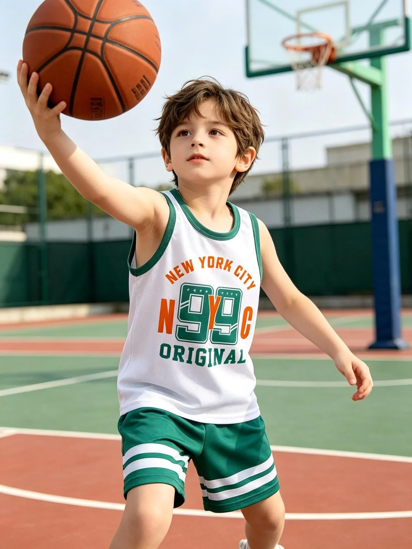 Boys 2-Piece Sport Outfit Set, NYC Letter Print Contrast Trim Sleeveless Tank Top & Striped Hem Athletic Shorts