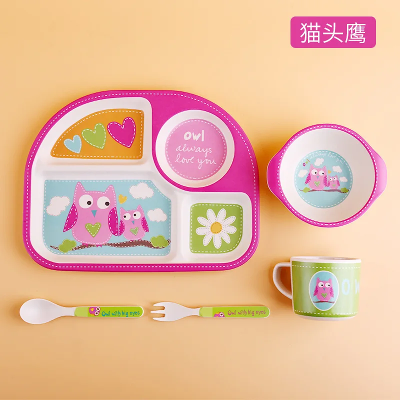 Picture 4: 5pcs Creative Bamboo Fiber Children Tableware Set Cartoon Grid Dinner Plate Rice Bowl with Cup Fork Spoons for Home Kindergarten