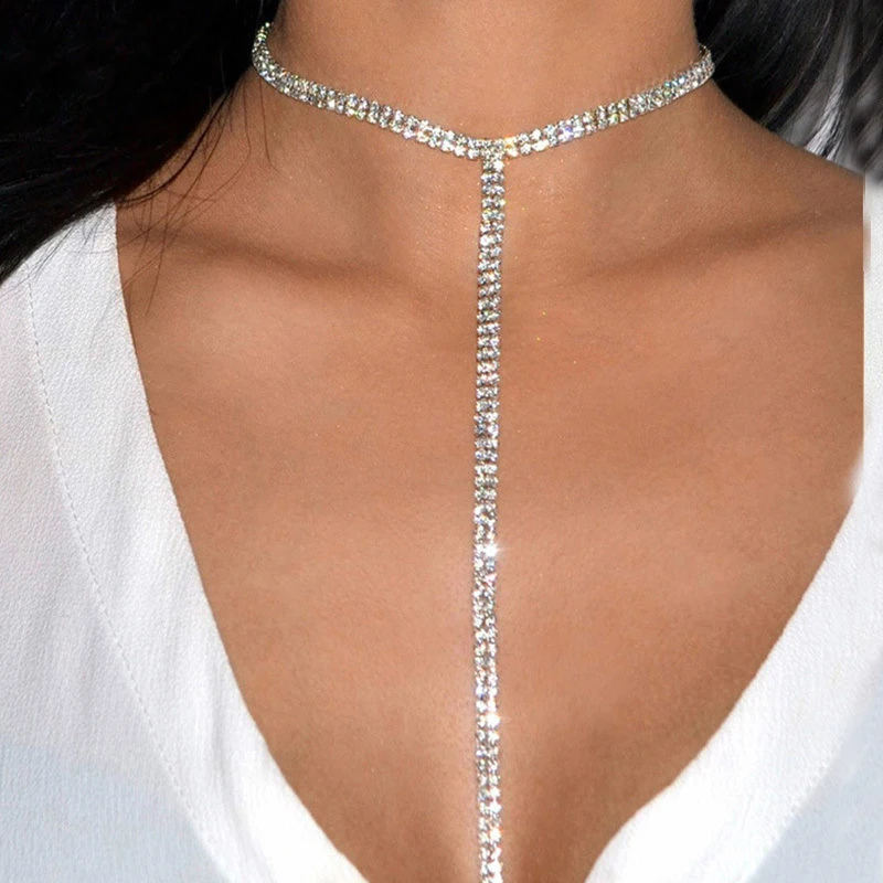 Fashion Full Rhinestone Chain Necklace For Women Statement Long Tassel Choker Crystal Collar Party Jewelry Neck Accessories