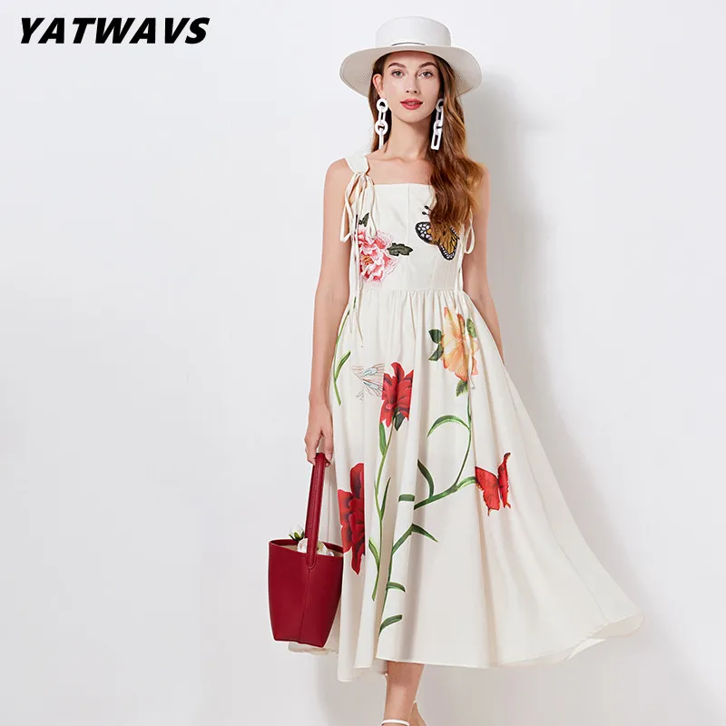 

Runway Flower Print Summer Holiday Beach Dress Women's Slash Neck Lace-Up Bow Spaghetti Strap Embroidery Long Vestido Robes