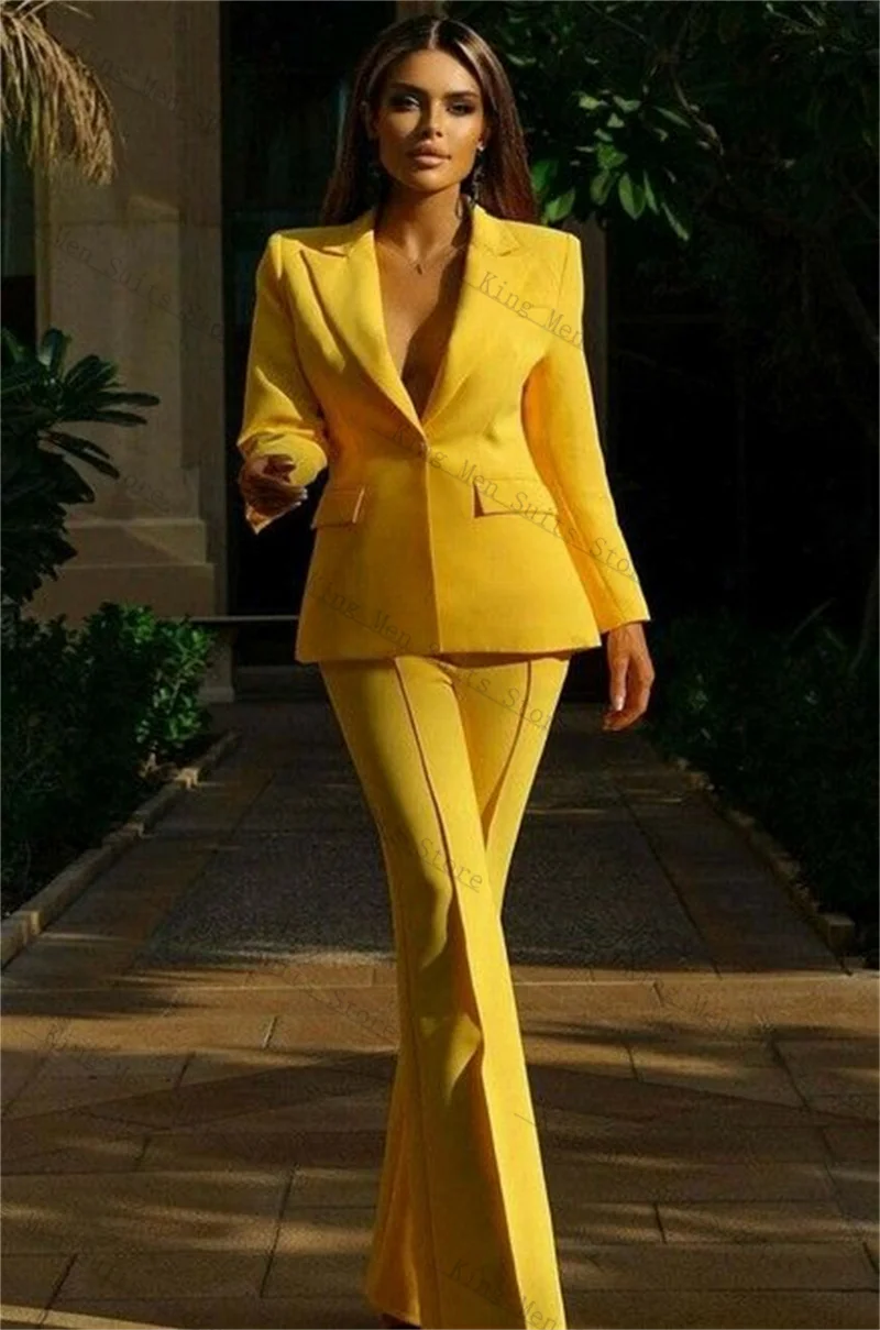 

Designer Women Suits Set 2 Piece Blazer+Pants Trousers Bright Yellow Customized Office Lady Jacket Wedding Tuxedo Cotton Coat