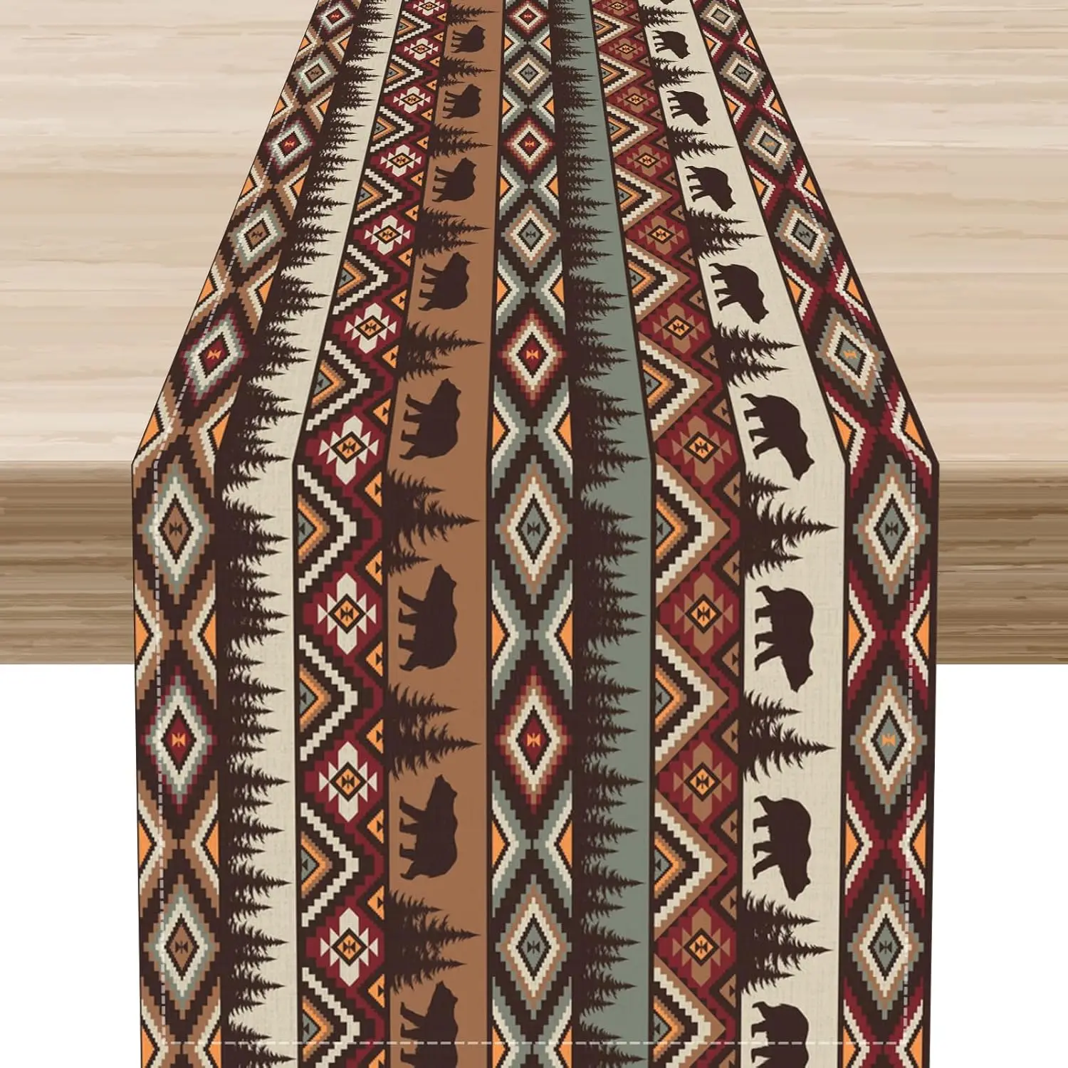 Aztec Tribal Forest Trees Animal Bear Linen Table Runner Holiday Party Decor Rustic Geometric Pattern Table Runners Party Decor