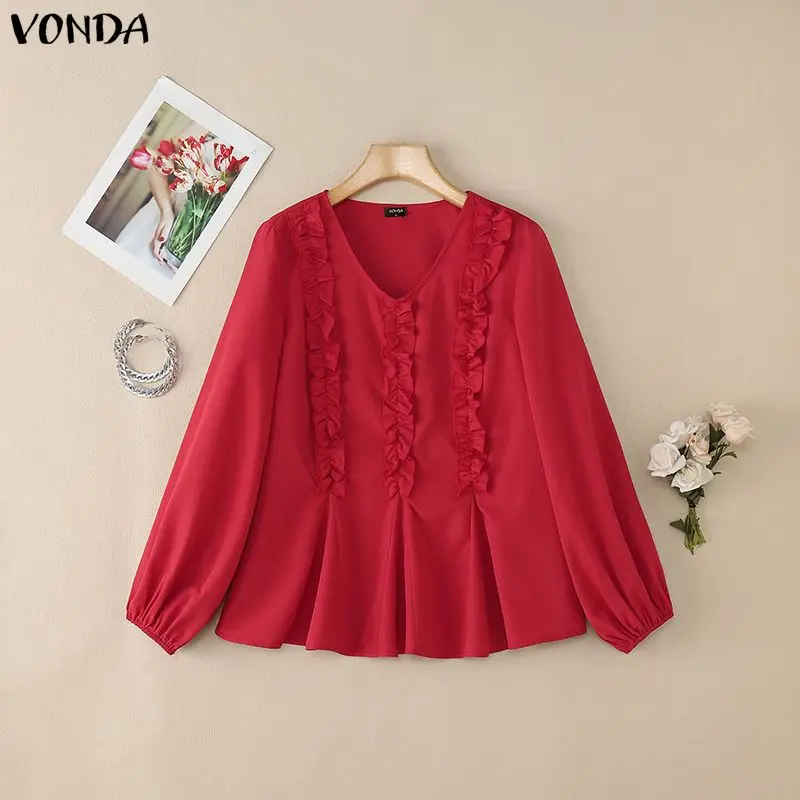 เสื้อแฟชั่นผู้หญิง VONDA แขนยาว คอวี แต่งระบาย รุ่นปี 2026 เสื้อเชิ้ตสไตล์ลำลองหลวมๆ สีพื้น เรียบหรู เหมาะสำหรับใส่ทำงานหรือใส่เที่ยว