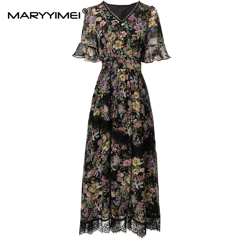 

MARYYIMEI New Fashion Runway Designer Women's V-Neck Lace UP Flare Sleeve Button Print Grace Self cultivation Dresses