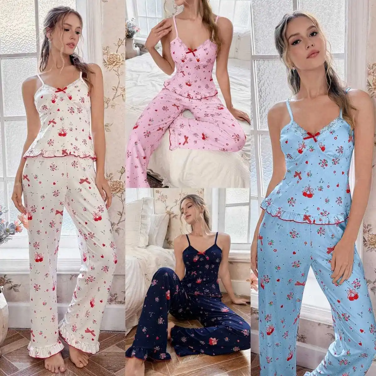 

New Arrival: Women's American-Style Summer Pajamas – Sweet and Girly Lace-Trimmed Cherry Fruit Print Set with Elastic Waistband