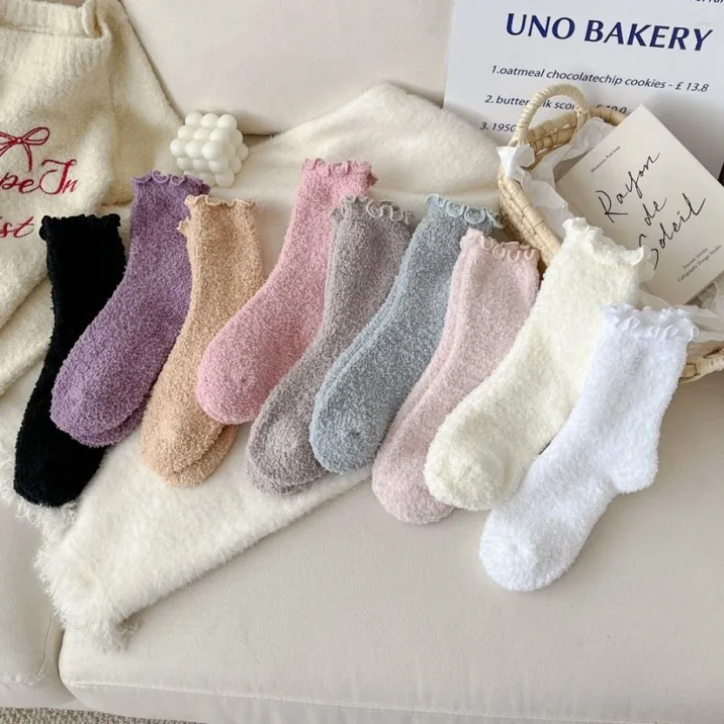 

9 пар осенне-зимних женских толстых носков для сна с кружевом и грибком, однотонные простые удобные повседневные теплые носки