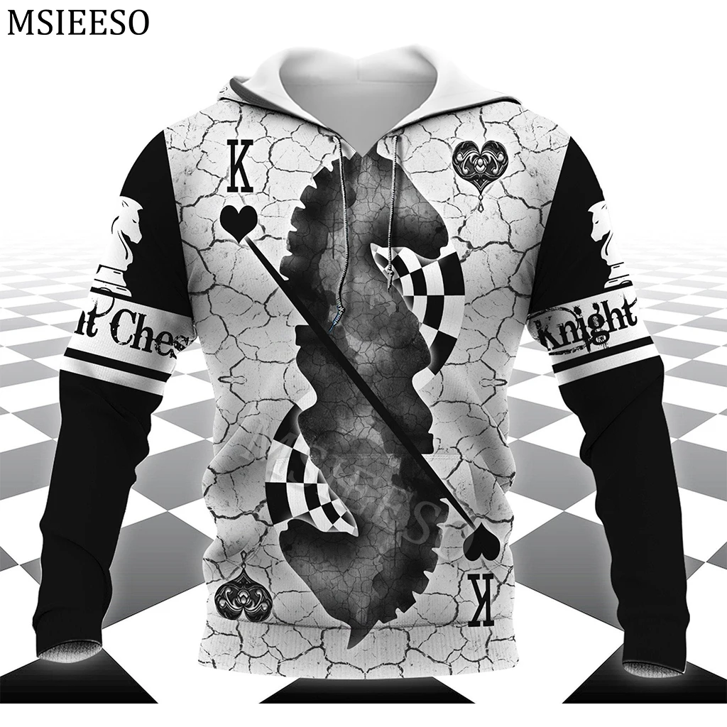 

Толстовка MSIEESO Knight в стиле унисекс, худи с 3D-принтом шахматных покеров, уличная одежда, повседневная женская куртка на молнии, пуловер, осень