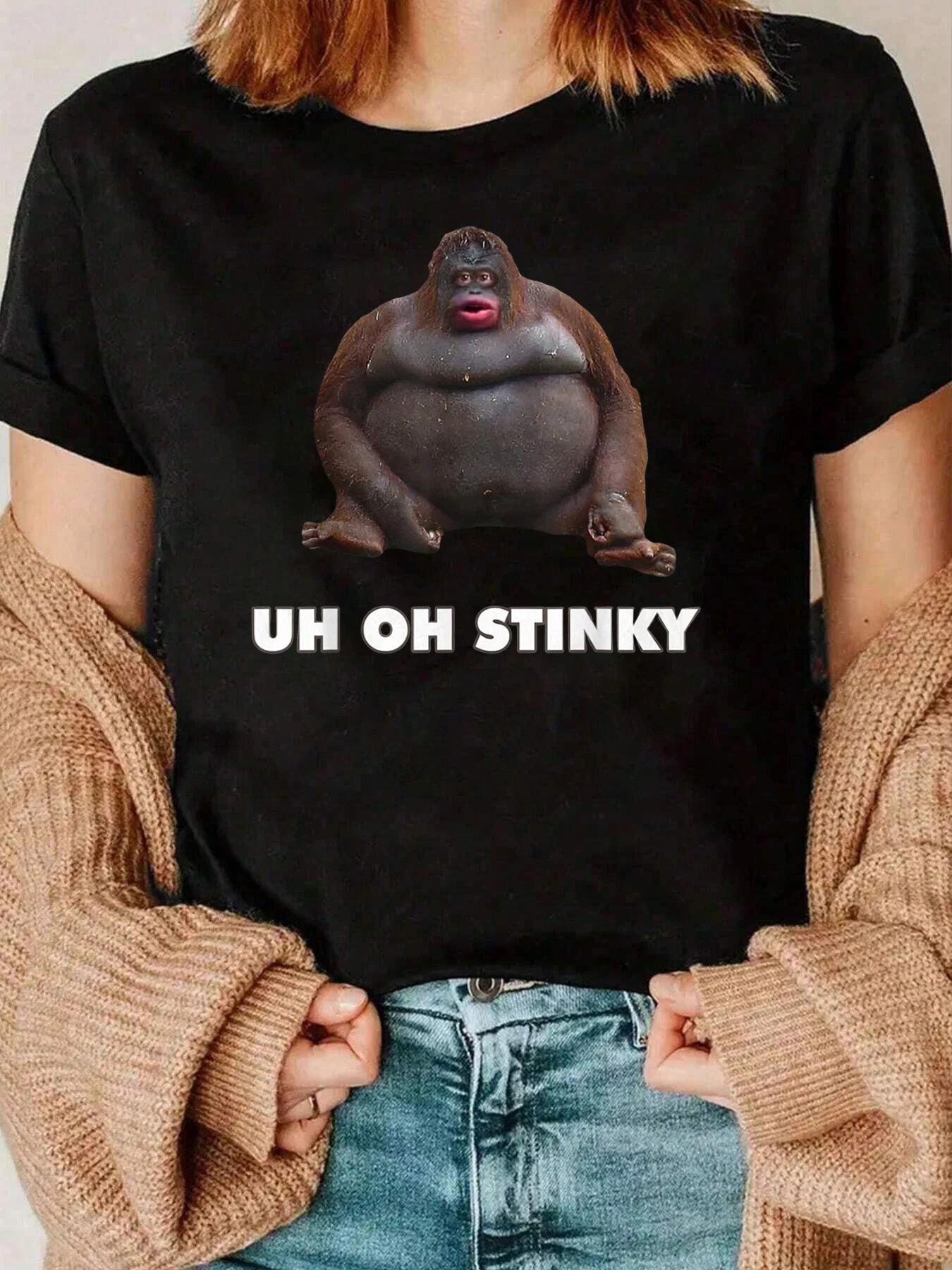 Gorilla Uh Oh Stinky Print T Shirt Casual Wear For Women 220g