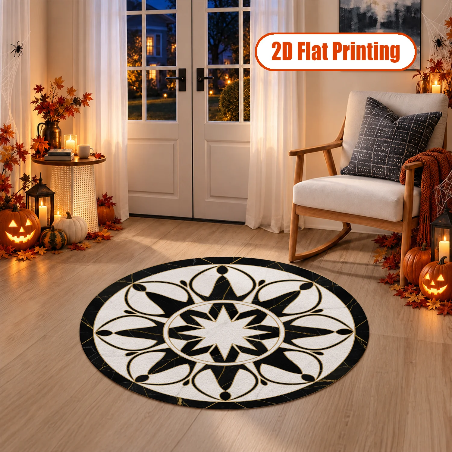 Round Black White Gold Mandala Star Pattern Area Rug Velvet Machine Washable Floor Mat for Living Room Bedroom Dining Area Entryway Ideal for Halloween Thanksgiving Christmas New Year Black Friday Cyber Monday Decor