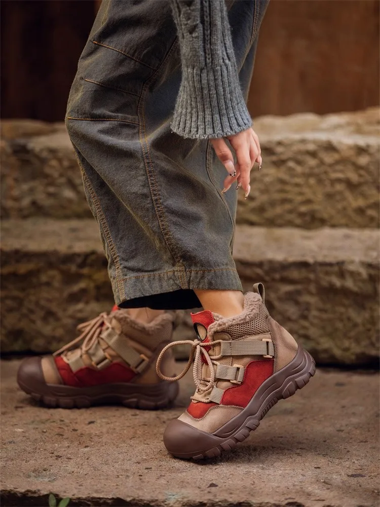 

GKTINOO 2026 Women Winter Plush Warm Snow Boots Mixed Colors Genuine Leather Flat Platform Lace-Up Round Toe Casual Sneakers