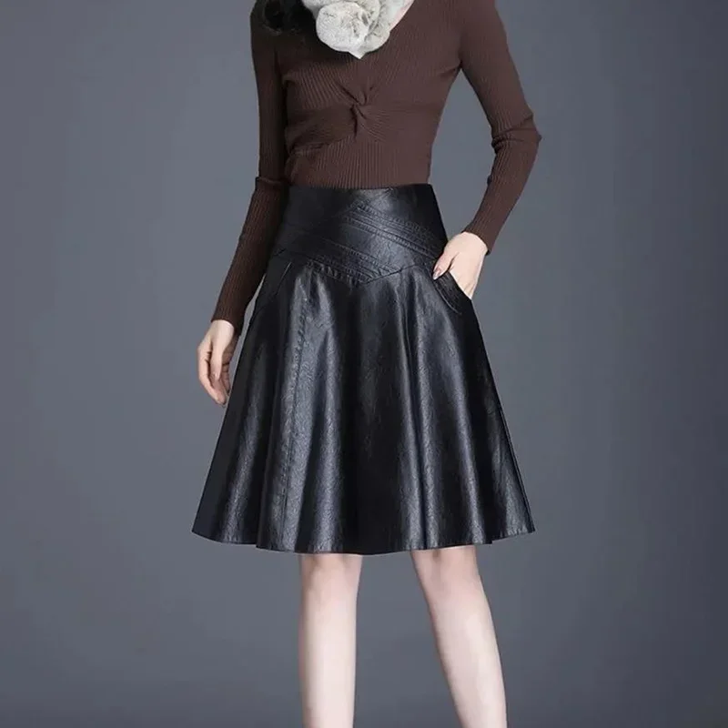 Leather Skirt Women Midi Skirt  A-line Large Size Over The Knee Mid-length High-waist Pleated Skirt Autumn Winter Lady Clothe