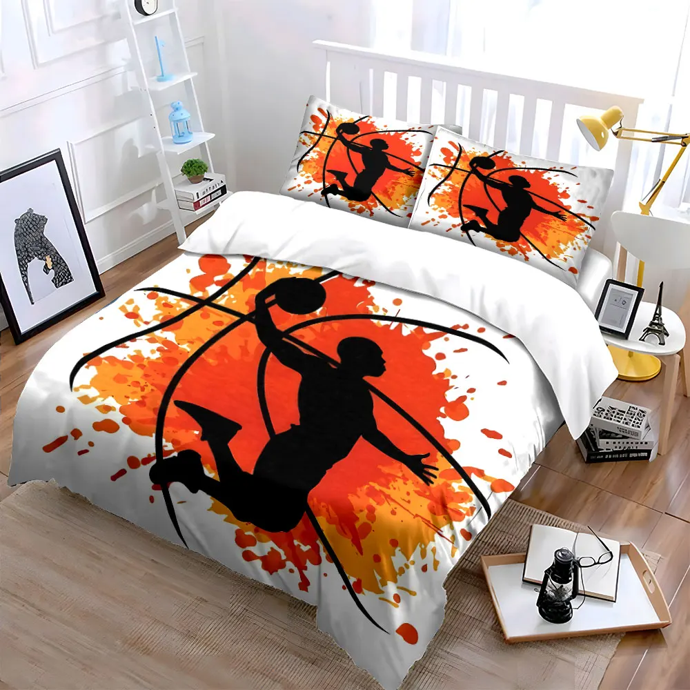 Basketball dunk silhouette with orange Bedding Set for Kids Luxury Gift 3pcs Digital Print Comforter Set Soft Comfortable