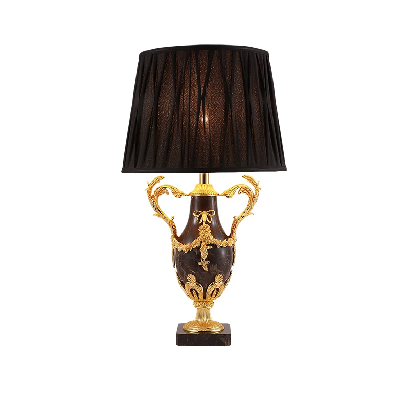 French Style Brass Marble Table Lamp Bedroom Bedside Study European Copper Black Fabric Lampshade Decoration Desk Lighting