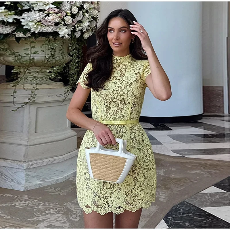 

Elegant Lace Print Mini Dress Women Hollow Out Short Sleeve Lady Versitdo 2025 Evening Prom Gown Party Holiday Embroidery Dress