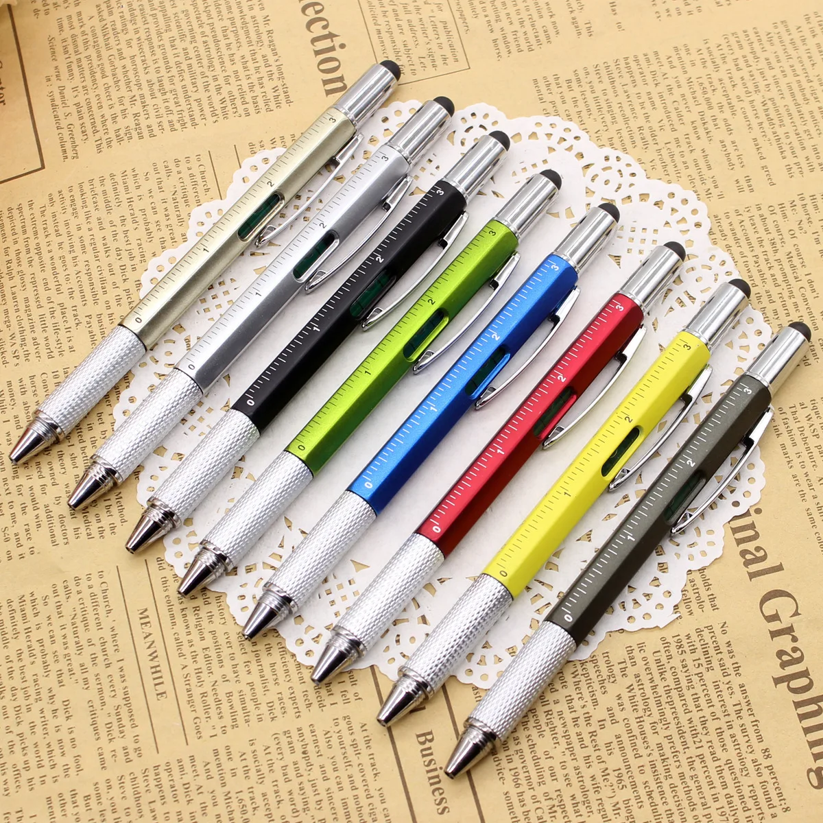 

50PCS 6 in 1 Tool Plastic Ballpoint Pen Screwdriver Ruler Spirit Level Multi-function Touch Screen Stylus Pen