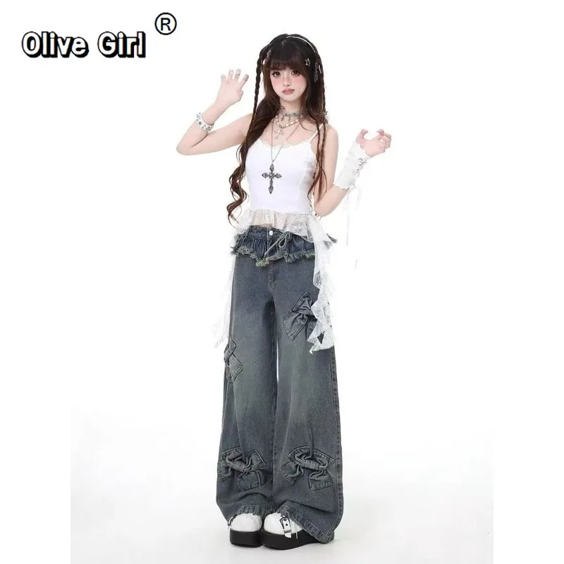 Olivegirl-pantalones vaqueros con lazo Y2k para mujer, pantalón vaquero Retro americano Harajuku, pantalones holgados de pierna ancha con retales de gran tamaño