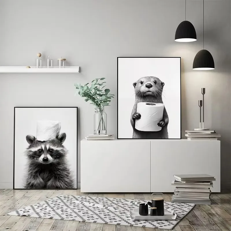 Black And White Cute Animals Canvas Painting Poster Funny Toilet Paper Otter Cat Tiger Wall Art Print Picture for Bathroom Decor