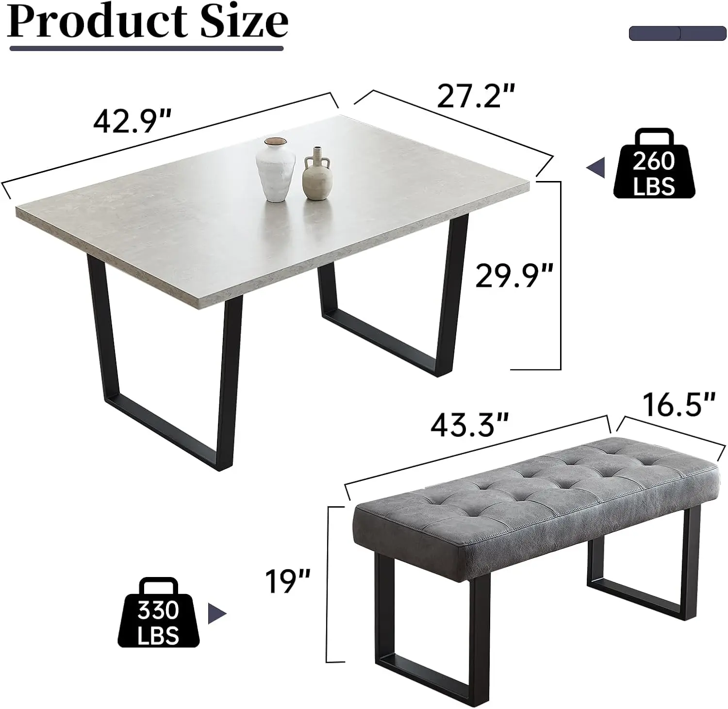 3 Piece Dining Table Set with Bench, 42.9 Inch Modern Kitchen Table with Left Seat Corner Bench and 43.3 Inch Bench
