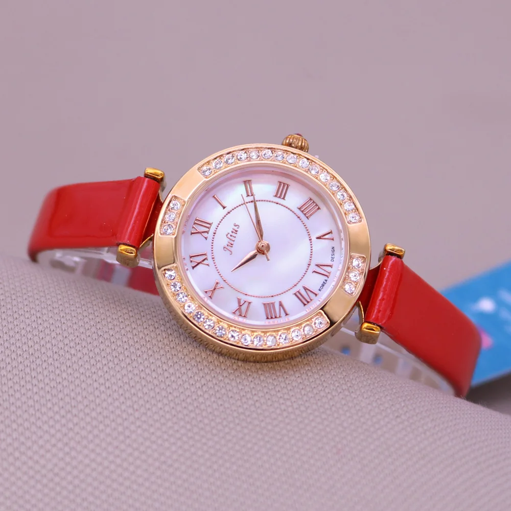 Женские часы со стразами, японские кварцевые часы, изысканный модный браслет, часы с перламутром, подарок на день рождения для девочек, Julius, без коробки
