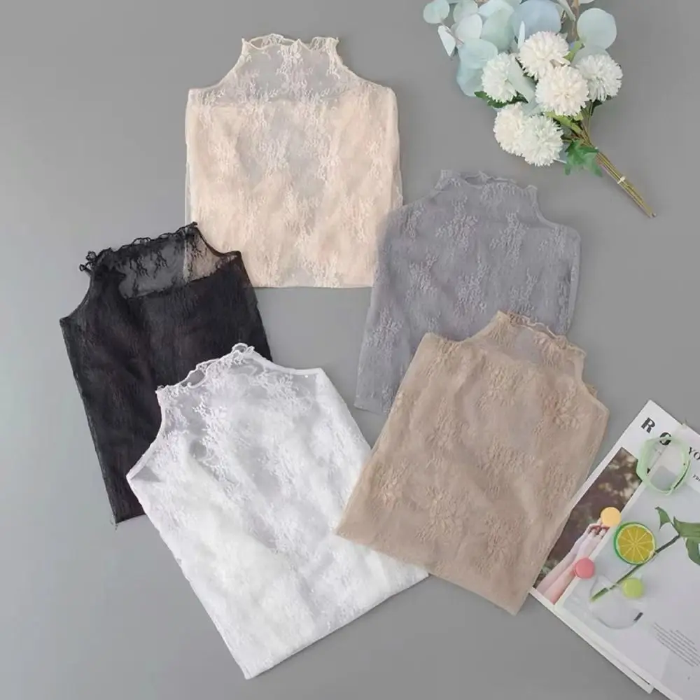 New Half High Collar Lace Tops Thin High Collar Mesh Base Shirt Transparent Mesh Top Fashion Wear