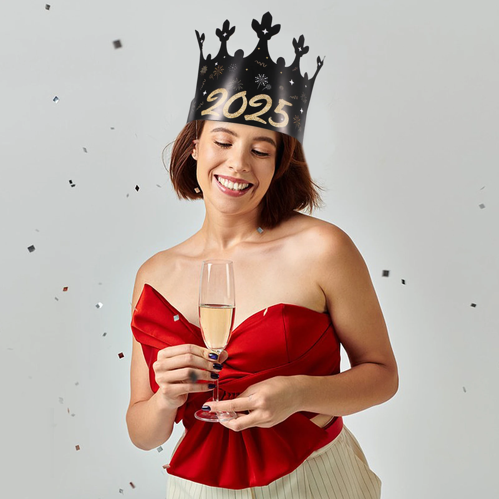 

6pcs New Year Crown Hats Paper Decorations Happy 2025 Caps Party Supplies Adults Kids Eve Photos Props Celebration Holiday Fun