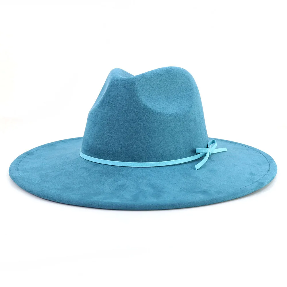 Wildleder Fedora Hut mit gleichen Farben Zubehör Teardrop Top breite Krempe Hut für Männer und Frauen Panama Hut Chapeau Homme Sombrero – Detail 4