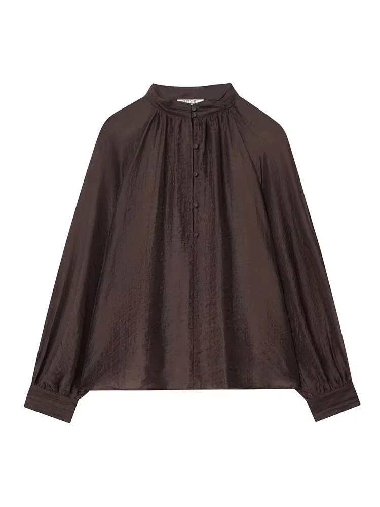 

HH женская модная полупрозрачная рубашка с воротником-стойкой и пышными рукавами, женская элегантная свободная повседневная рубашка из тенсельной ткани с длинным рукавом