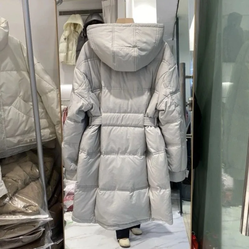 Medium Long Belt Waist Upper Chest Horizontal Pocket Zipper Winterwomen's Korean Version Hooded Thickened White Duck Down Jacket