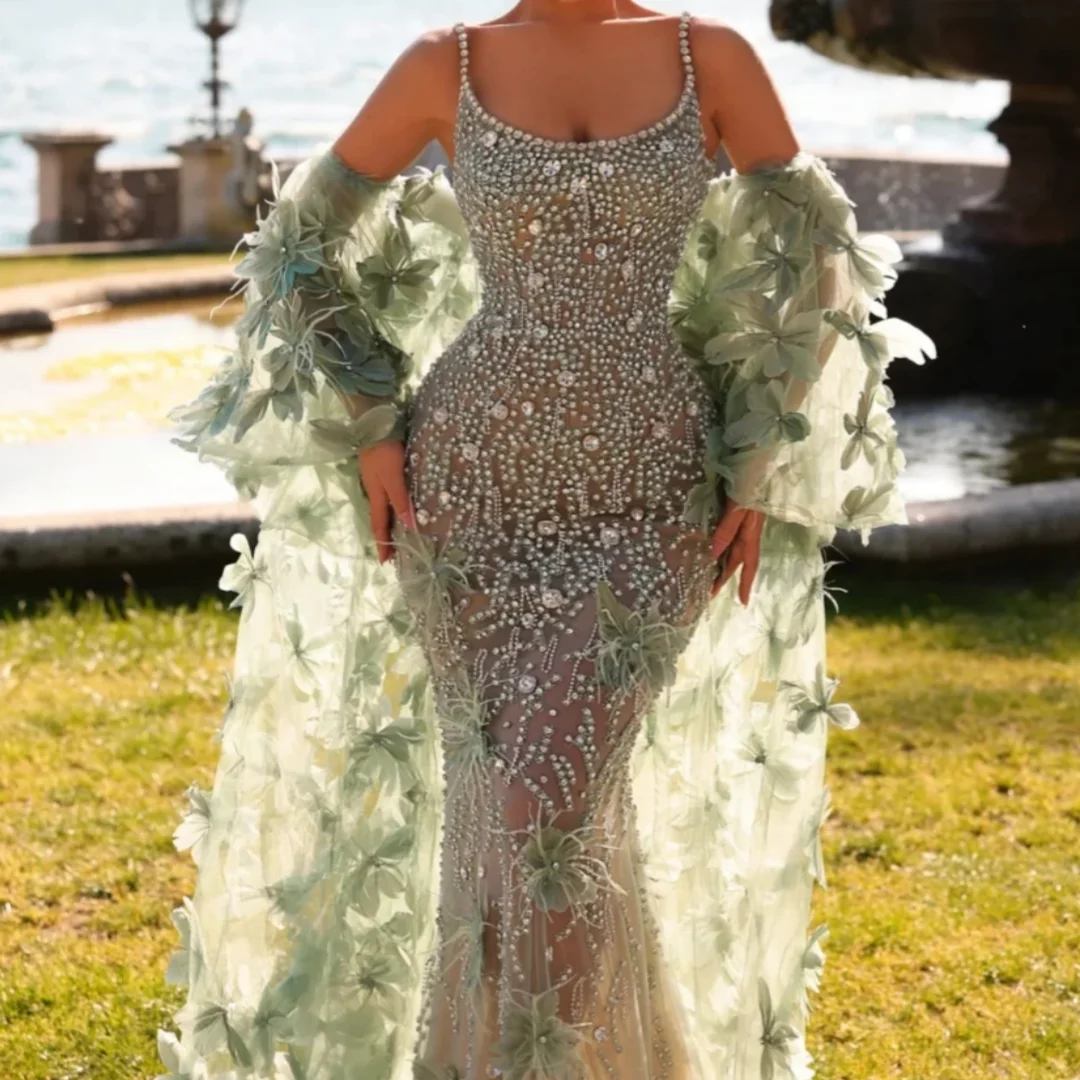 Luxurious Prom Dresses Dazzling Beaded 3D Flower Evening Dress With Shawl Illusion Mermaid Long Wedding Party Gown Customized